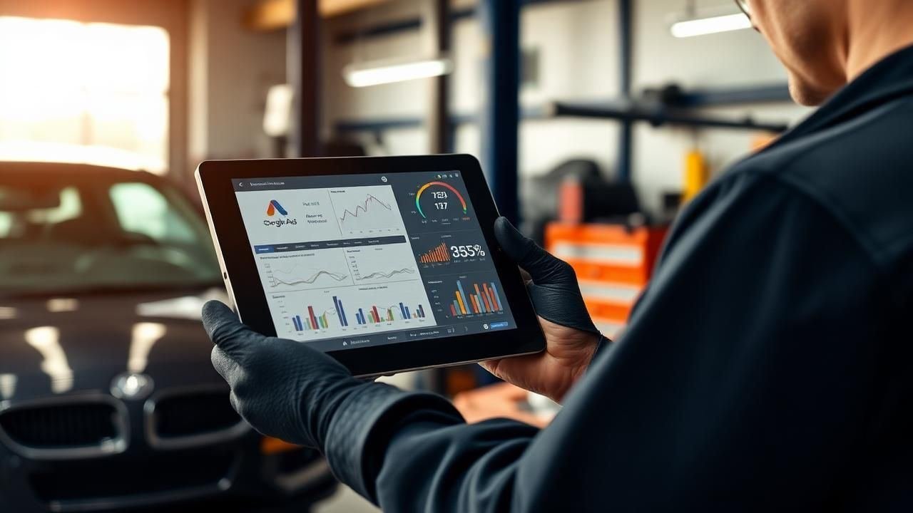 Mecânico usando tablet com gráficos de crescimento do Google Ads