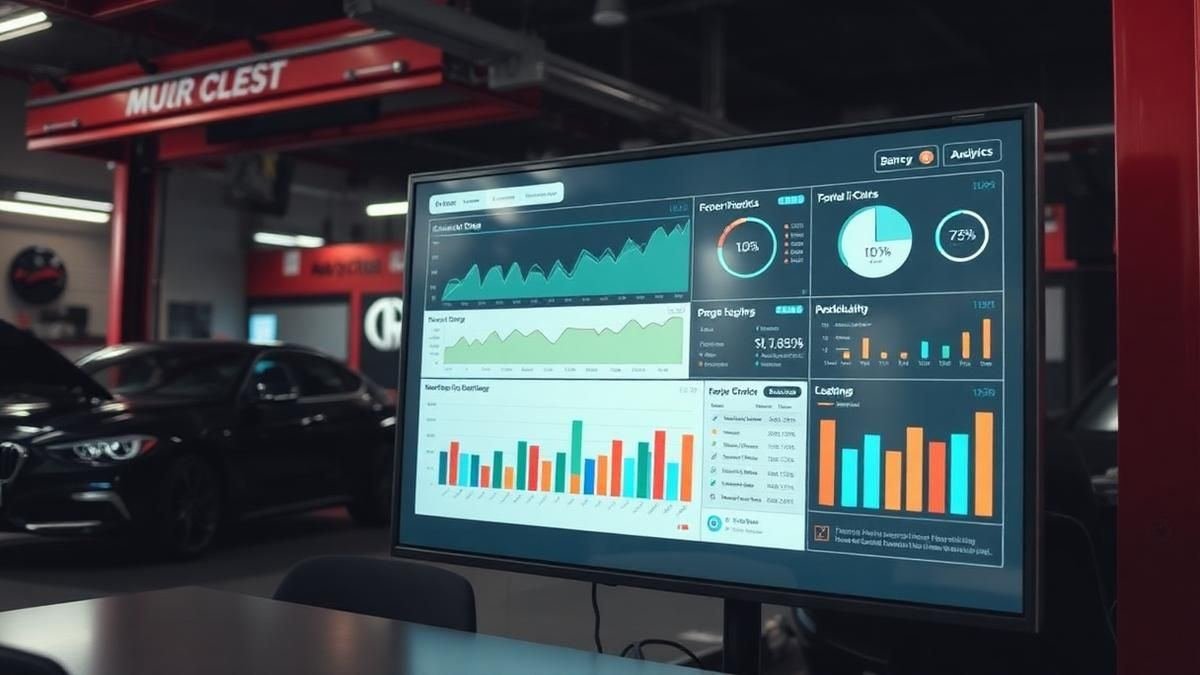 Dashboard de analytics com gráficos de faturamento em oficina mecânica