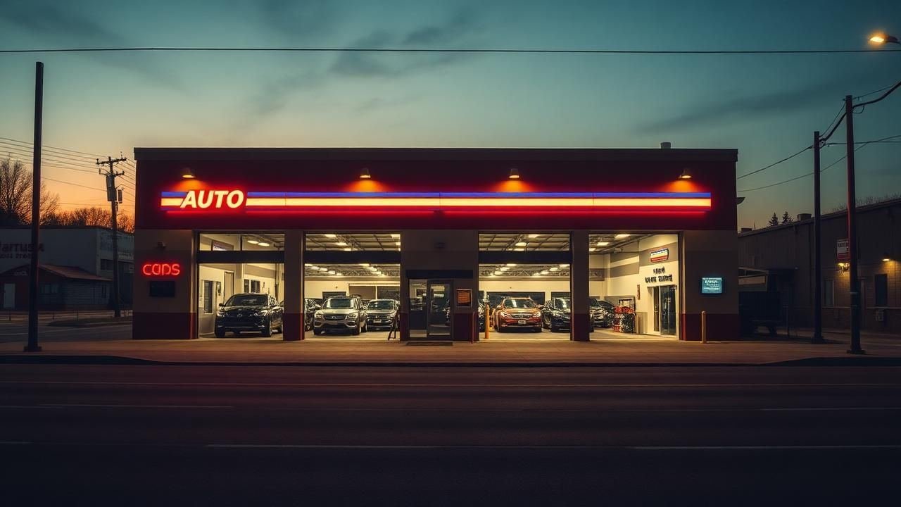 Fachada de oficina moderna e bem iluminada ao entardecer