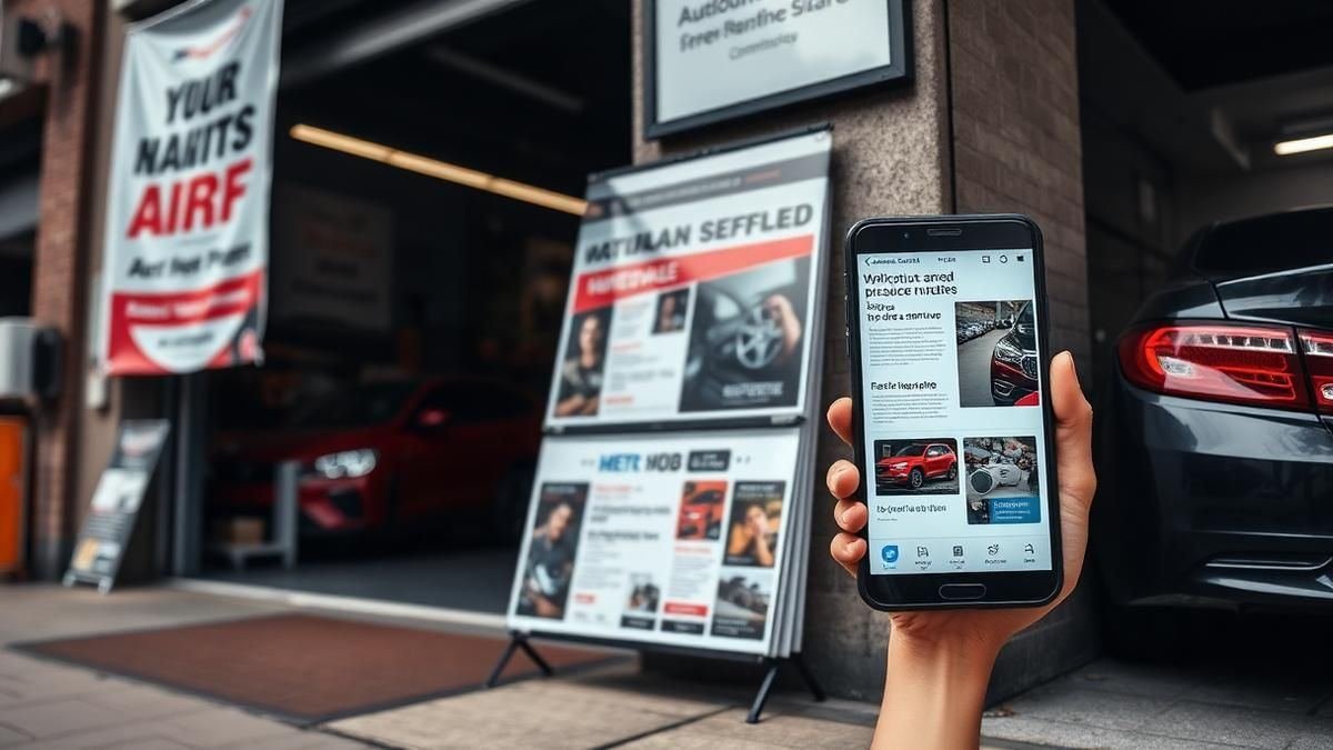 Oficina com banner físico e smartphone exibindo anúncios digitais