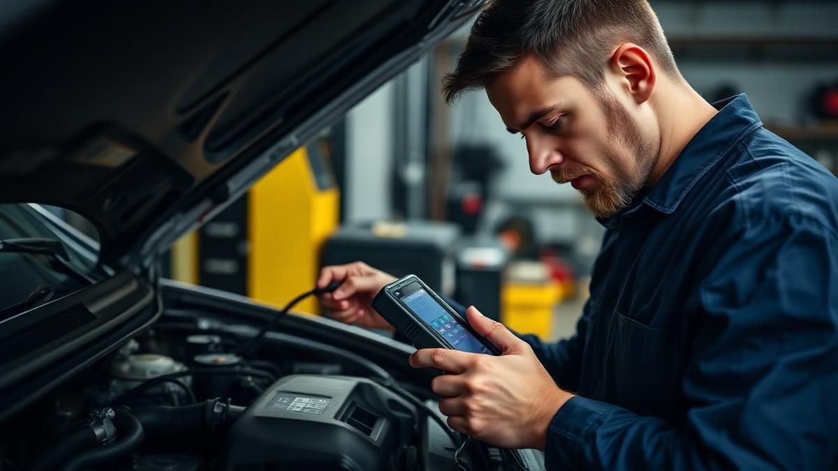 Mecânico especialista realizando diagnóstico eletrônico em veículo
